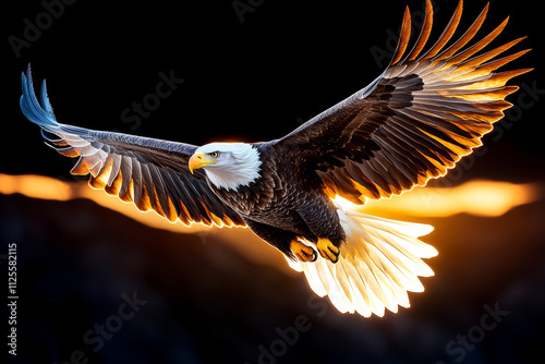 Animal kingdom rendering. majestic eagle soaring high above rugged canyon, illuminated by warm glow of sunset. scene captures beauty and power of nature in breathtaking moment