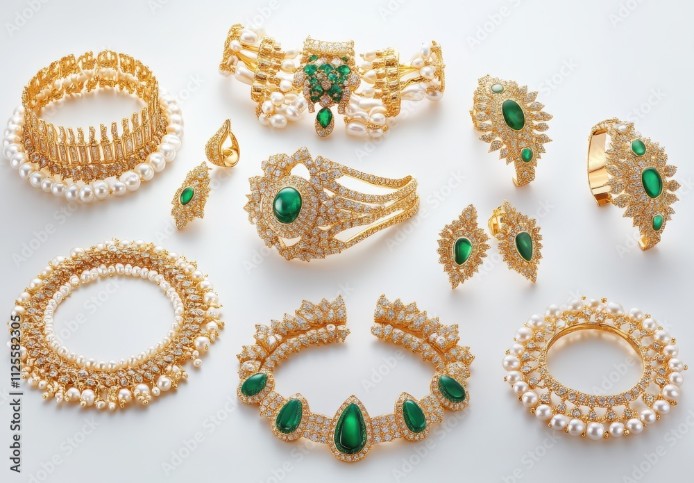 Luxurious Gold Jewelry Collection with Green Stones and Pearls Displayed Elegantly for Fashion and Style Inspiration, Perfect for Weddings and Special Occasions Luxurious Gold Jewelry Collection with Green Stones and Pearls Displayed Elegantly for Fashion and Style Inspiration, Perfect for Weddings and Special Occasions