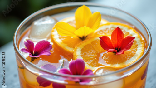 A refreshing glass of hwachae garnished with lemon and colorful petals. photo