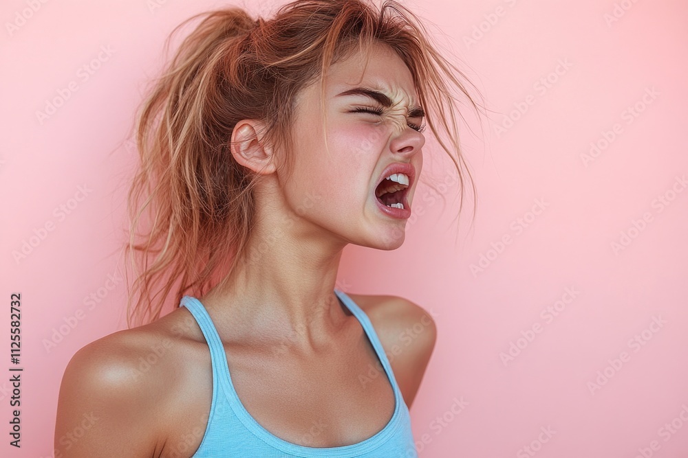 A woman's face with her mouth open, set against a bright pink wall A woman's face with her mouth open, set against a bright pink wall