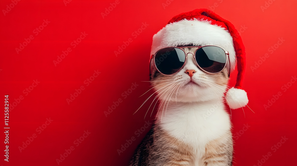 Adorable cat dressed in a Santa hat and stylish sunglasses set against a vibrant red backdrop. Perfect for holiday themes, fashion-forward pet images, and festive fun concepts. Adorable cat dressed in a Santa hat and stylish sunglasses set against a vibrant red backdrop. Perfect for holiday themes, fashion-forward pet images, and festive fun concepts.