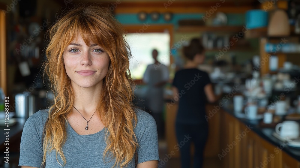 A woman with long red hair stands in a kitchen with a black shirt on. She is smiling and looking at the camera