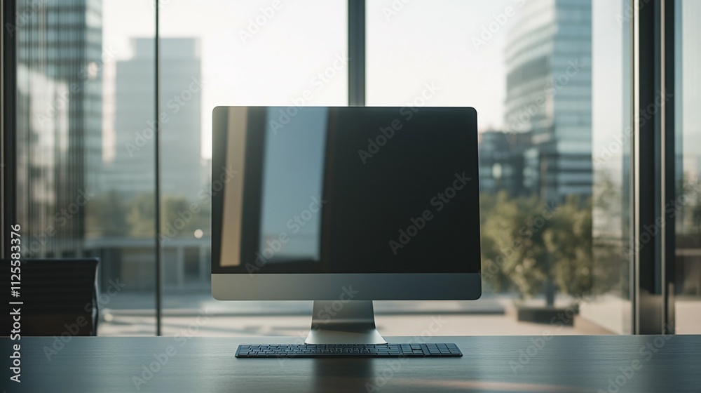 Modern Desktop Computer Against Cityscape Window Modern Desktop Computer Against Cityscape Window