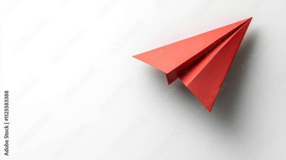 A single red paper airplane on a white surface A single red paper airplane on a white surface