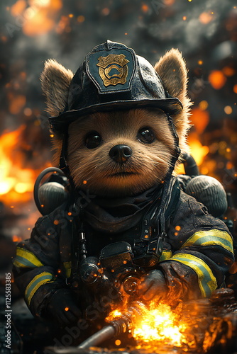 Cute character dressed as a firefighter battling flames in a brave and heroic stance during a fire emergency photo