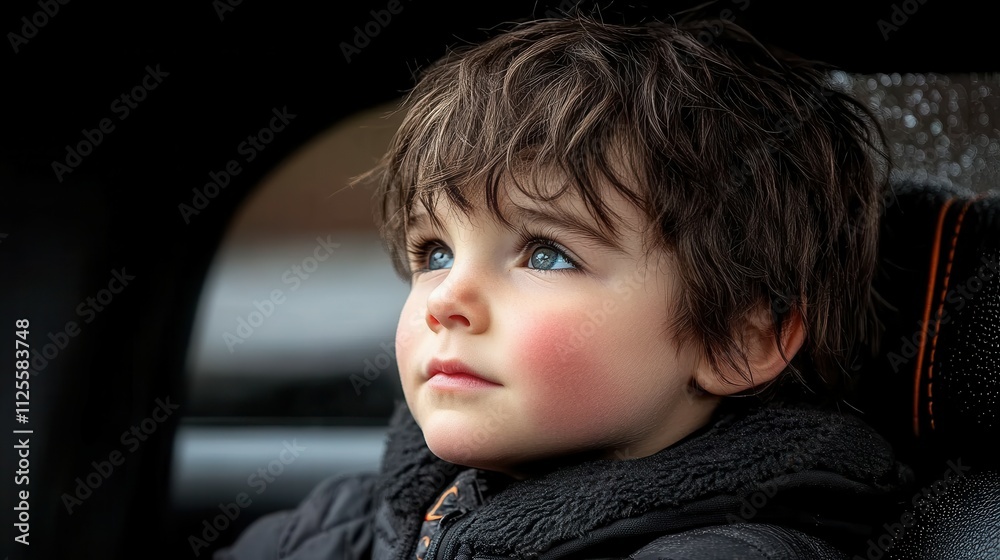 A young boy with brown hair and blue eyes is sitting in a car. He is looking out the window, possibly watching the scenery go by A young boy with brown hair and blue eyes is sitting in a car. He is looking out the window, possibly watching the scenery go by
