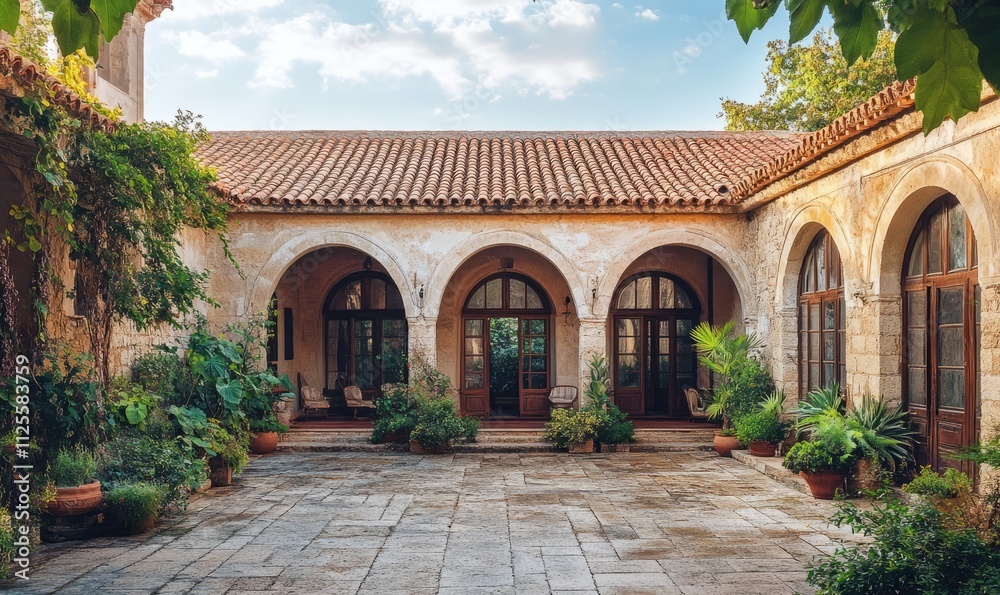 Fototapeta premium traditional Mediterranean villa with terracotta roof arched windows and a lush courtyard historical architecture