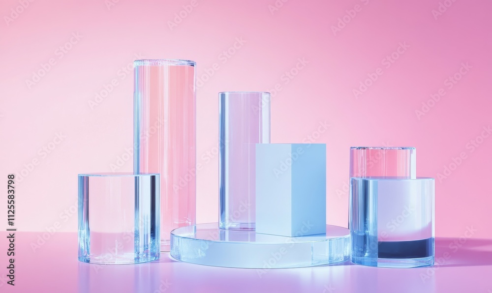 Glass and plexiglass product stands. Contemporary illustration set of plastic or plexiglass platforms for showcasing products. Geometric crystal pillar platform.