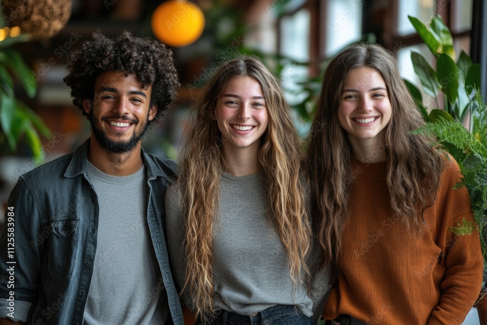 Fototapeta premium Group of young adults standing side by side, looking relaxed and happy