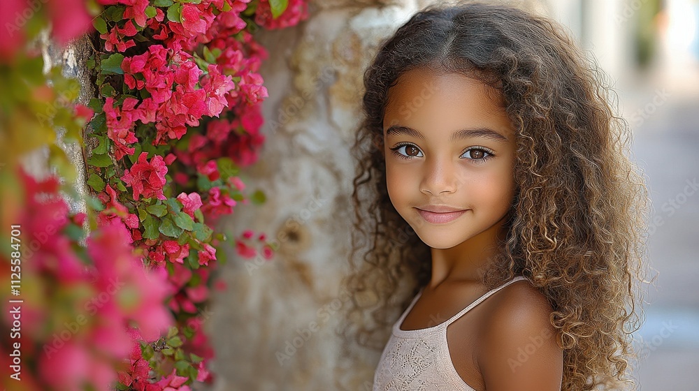 A young girl with long hair is standing in front of a wall of pink flowers. She is smiling and looking at the camera A young girl with long hair is standing in front of a wall of pink flowers. She is smiling and looking at the camera