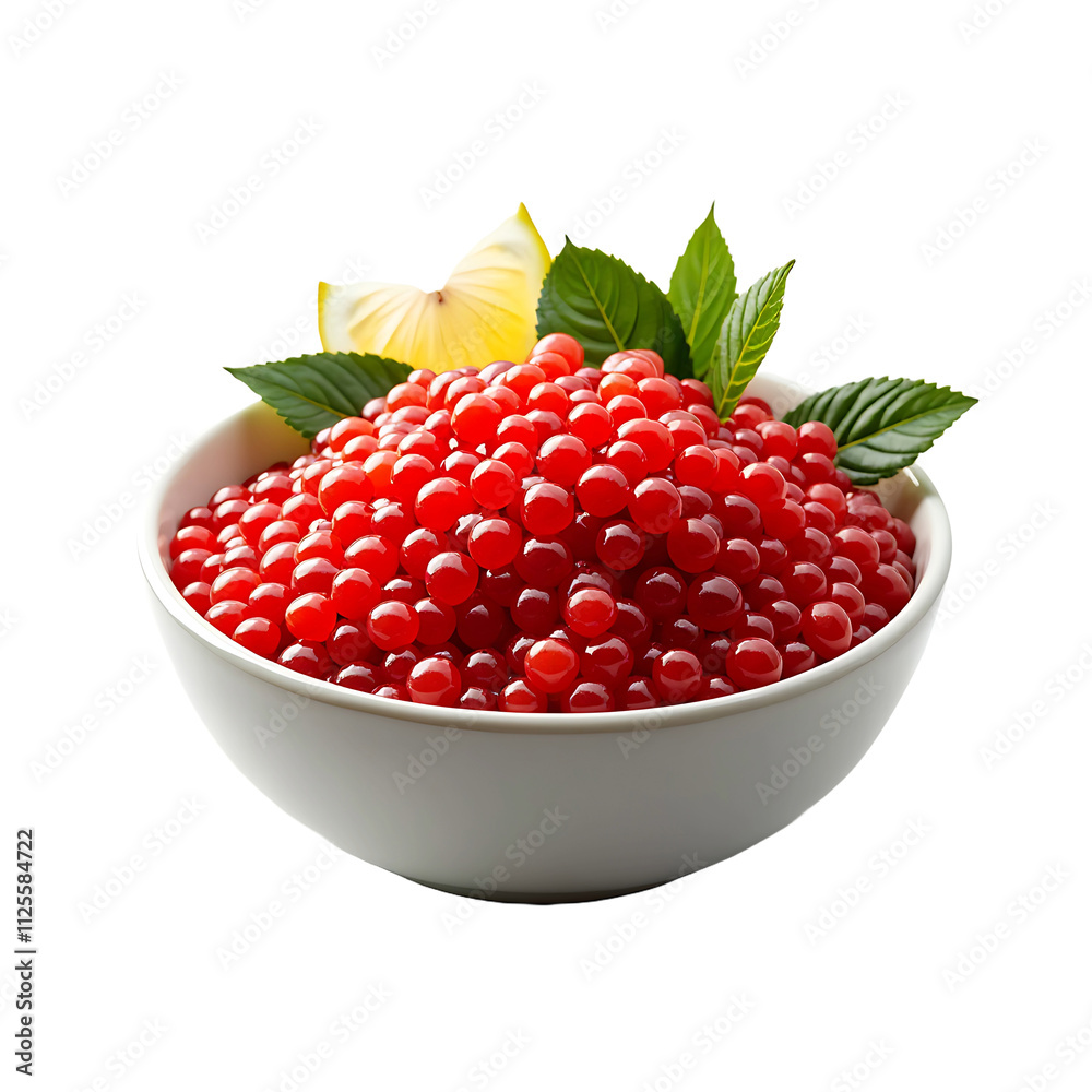 A 3D Bowl of Red Caviar With Leaves, Transparent Background A 3D Bowl of Red Caviar With Leaves, Transparent Background