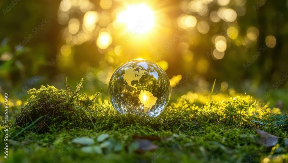 Reflective Glass Globe on Moss Ground Surrounded by Trees and Sunlight, Symbolizing Earth and Nature in a Lush Green Environment Reflective Glass Globe on Moss Ground Surrounded by Trees and Sunlight, Symbolizing Earth and Nature in a Lush Green Environment