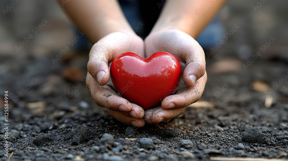 Fototapeta premium Child's hands holding a bright red heart over moist soil. The image symbolizes hope, love, and connection with nature, emphasizing a message of care and responsibility. Generated with AI.
