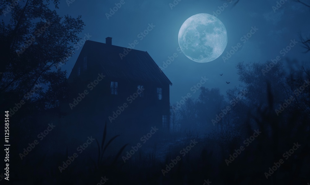 Halloween background with haunted house, full moon, and spooky silhouettes dark and eerie Halloween background with haunted house, full moon, and spooky silhouettes dark and eerie