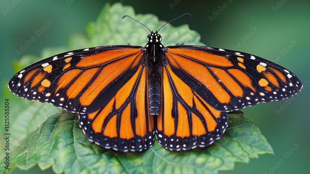 Fototapeta premium Close-up of a monarch butterfly with wings spread wide, perched on a green leaf.