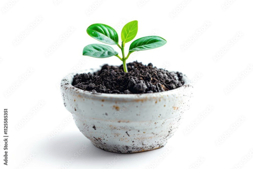 A tiny plant grows in a pot on a white surface, ideal for use as a symbol of growth or new beginnings A tiny plant grows in a pot on a white surface, ideal for use as a symbol of growth or new beginnings