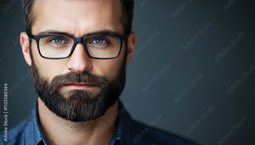 Portrait of a Bearded Man with Spectacles, Exuding Confidence Against a Dark Background Portrait of a Bearded Man with Spectacles, Exuding Confidence Against a Dark Background