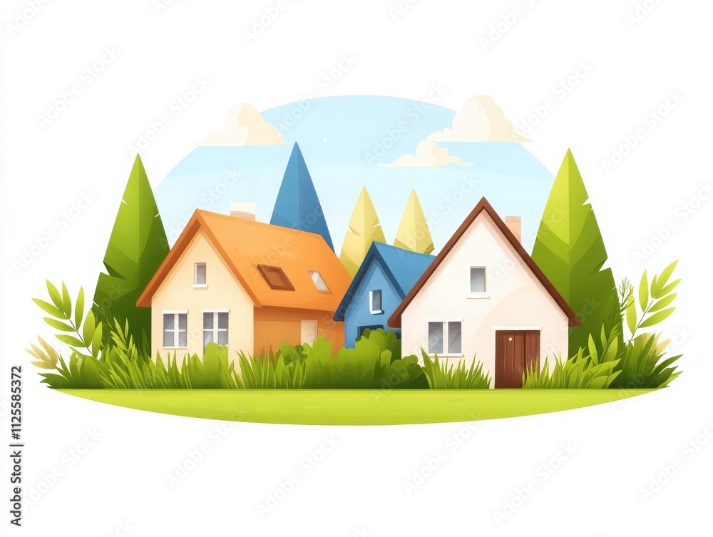 A vibrant scene featuring charming houses surrounded by lush greenery and mountains, ideal for showcasing community and nature. A vibrant scene featuring charming houses surrounded by lush greenery and mountains, ideal for showcasing community and nature.
