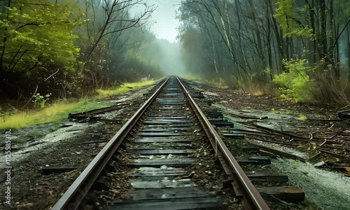 A serene view of a railway track disappearing into a misty forest, surrounded by lush greenery and fallen leaves, evoking a sense of tranquility and adventure. photo