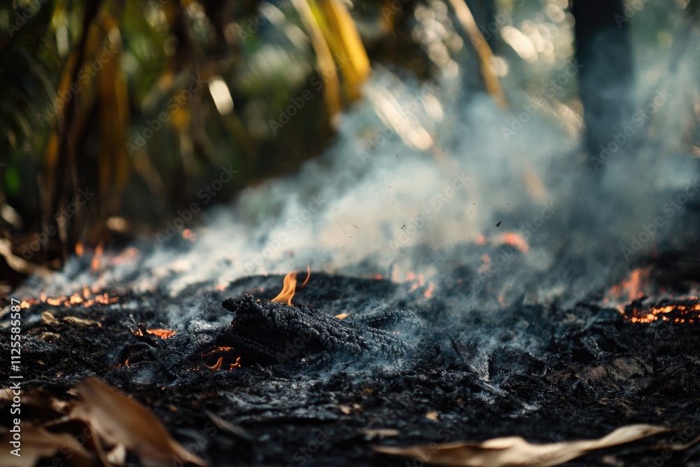 A close-up shot of a fire burning in the midst of a forest, with trees and foliage surrounding it A close-up shot of a fire burning in the midst of a forest, with trees and foliage surrounding it