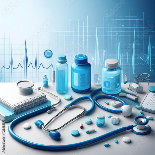 Professional healthcare design with stethoscope, syringe, pill, and heart rate monitor icons for medical use.