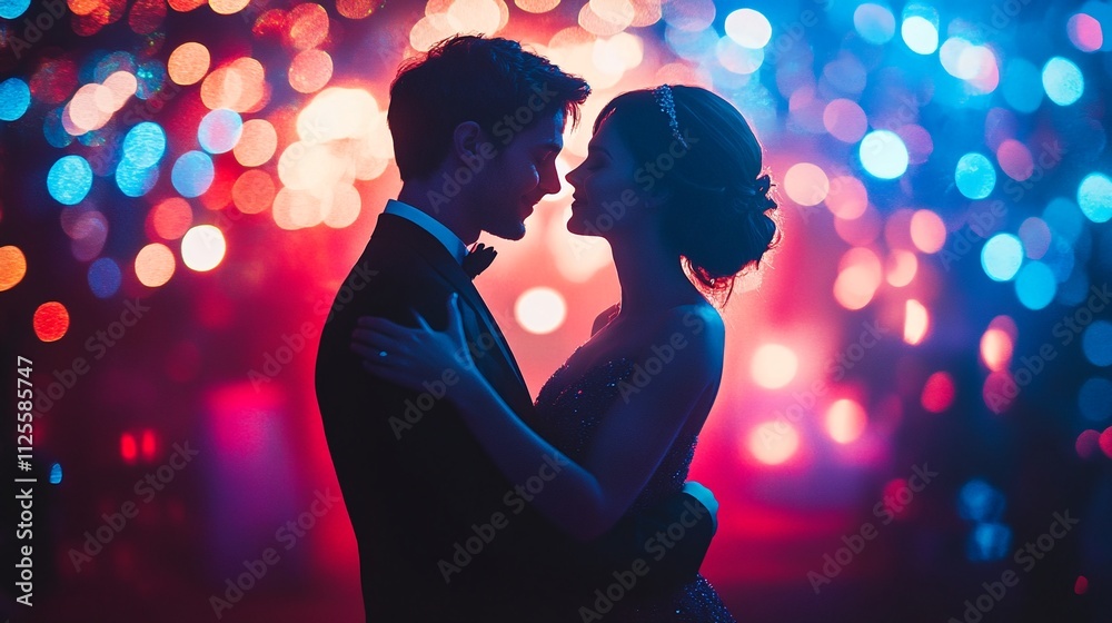 Partners dancing under a disco ball at a Valentine's Day ball, lost in each other's arms.


