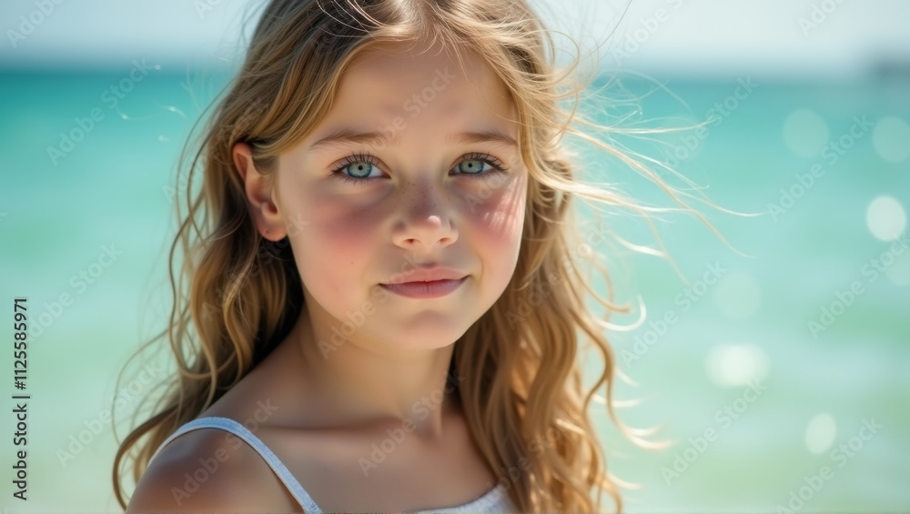 A smiling girl with blonde hair and bright blue eyes stands near the turquoise sea under clear sunlight. Generative, AI, A smiling girl with blonde hair and bright blue eyes stands near the turquoise sea under clear sunlight. Generative, AI,