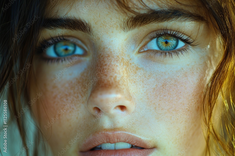 Close-up portrait of a woman with distinct freckles on her face Close-up portrait of a woman with distinct freckles on her face