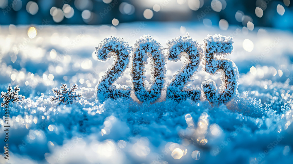 2025 in snowy landscape with glittering snowflakes and bokeh lights 2025 in snowy landscape with glittering snowflakes and bokeh lights