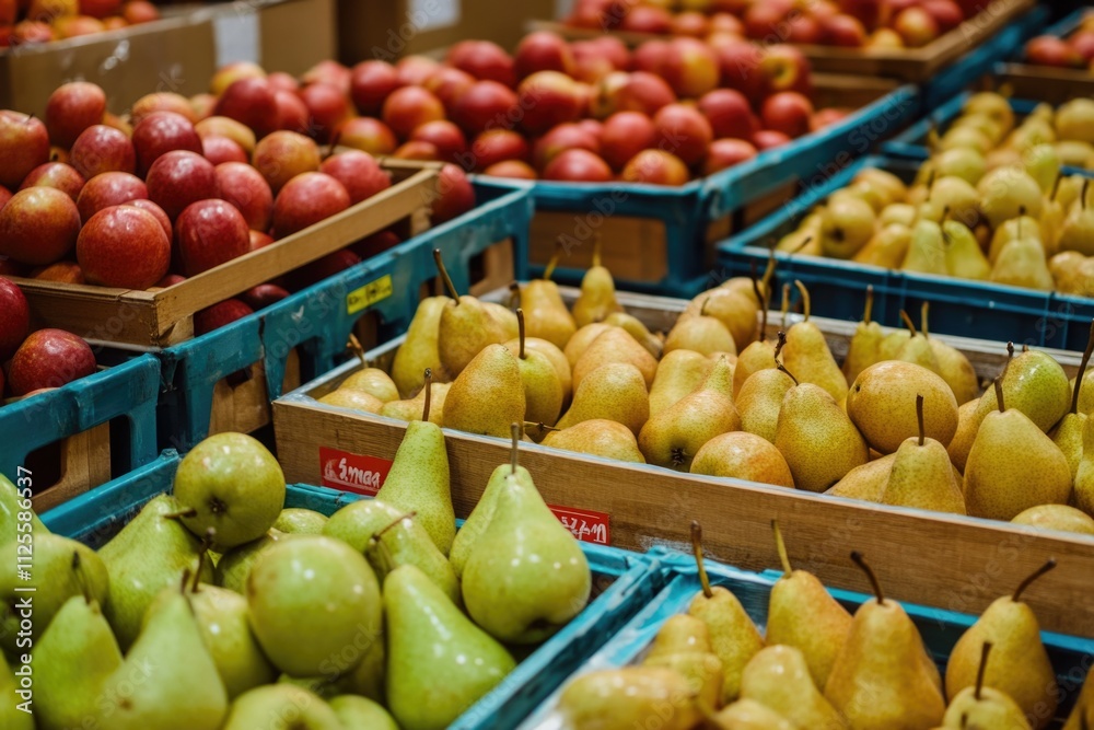 A stack of fresh fruits including apples and pears, packaged for sale A stack of fresh fruits including apples and pears, packaged for sale