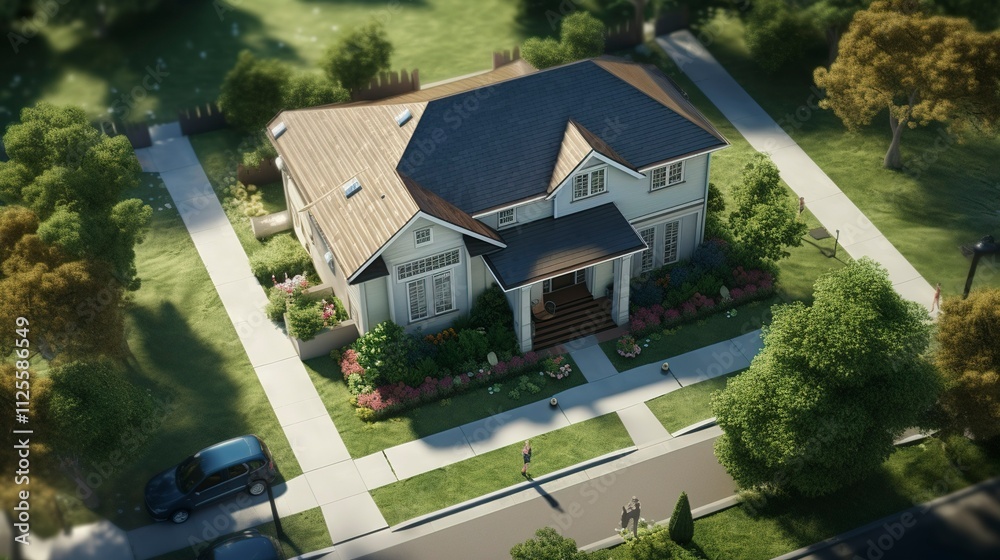 Birds Eye View of a Suburban Single-family House Birds Eye View of a Suburban Single-family House