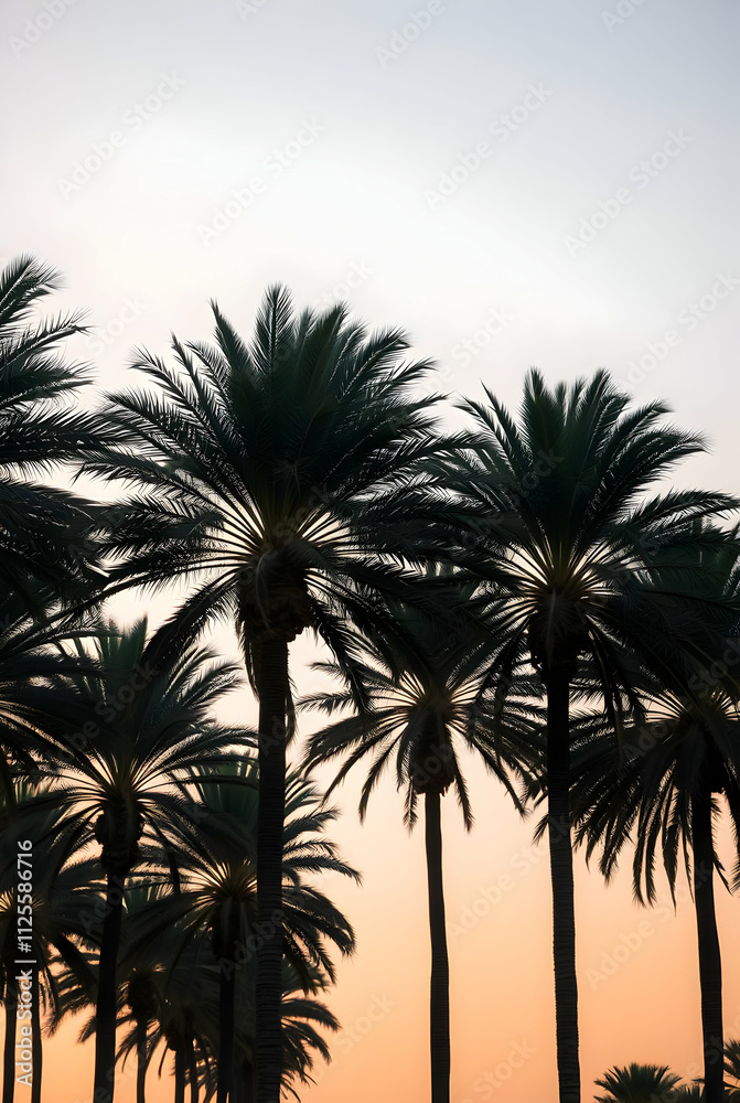 A line of tall, graceful palm trees swaying in a gentle breeze, set against a warm, pastel-colored sky during golden hour. The textures of the trunks and fronds are in sharp focus A line of tall, graceful palm trees swaying in a gentle breeze, set against a warm, pastel-colored sky during golden hour. The textures of the trunks and fronds are in sharp focus