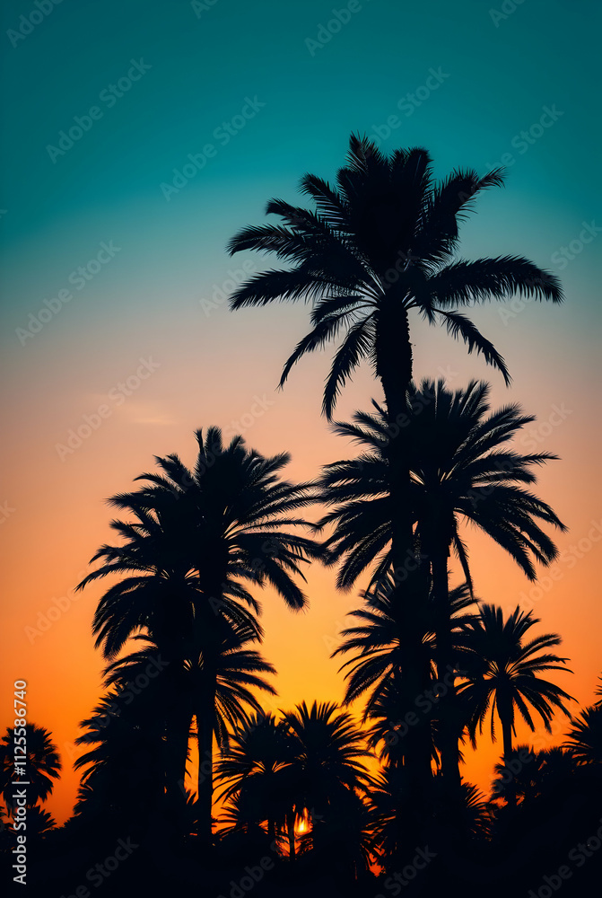 A line of tall, graceful palm trees swaying in a gentle breeze, set against a warm, pastel-colored sky during golden hour. The textures of the trunks and fronds are in sharp focus A line of tall, graceful palm trees swaying in a gentle breeze, set against a warm, pastel-colored sky during golden hour. The textures of the trunks and fronds are in sharp focus