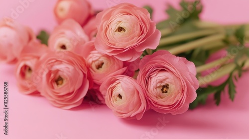 A bunch of pink flowers sit on a pink surface, creating a harmonious and vibrant display