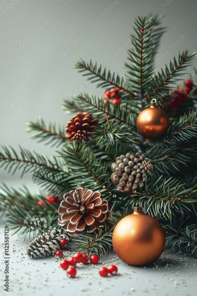 Fototapeta premium A close-up shot of a Christmas tree adorned with pine cones and berries, perfect for holiday decorations or seasonal promotions