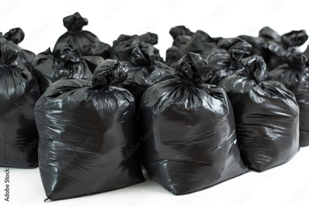 A pile of black garbage bags on a clean surface