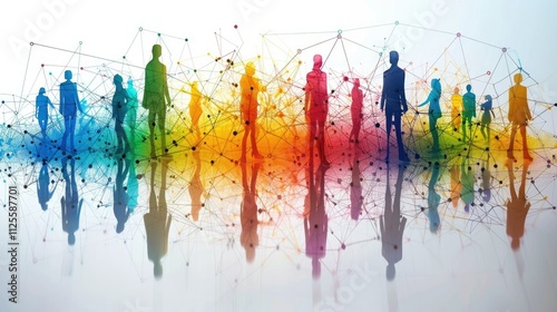 Colorful silhouettes of people interconnected by lines, reflecting on a surface.