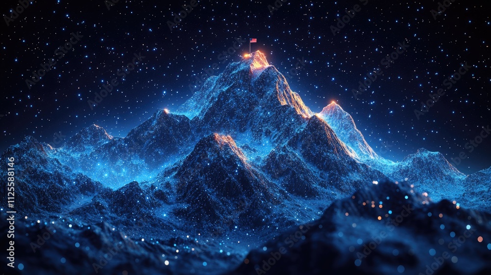 Fototapeta premium A snowy mountain landscape at night with visible stars in the sky