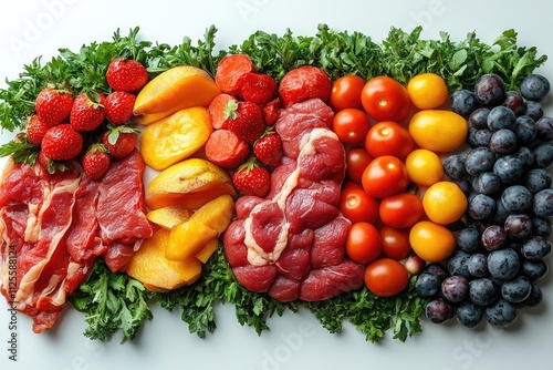 Colorful arrangement of fruits and vegetables in the shape of a rainbow, ideal for health food or wellness concept images photo