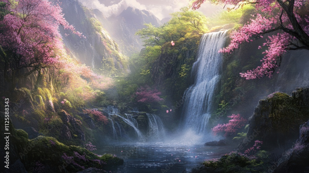 Enchanted Waterfall in a Dreamlike Spring Landscape Enchanted Waterfall in a Dreamlike Spring Landscape
