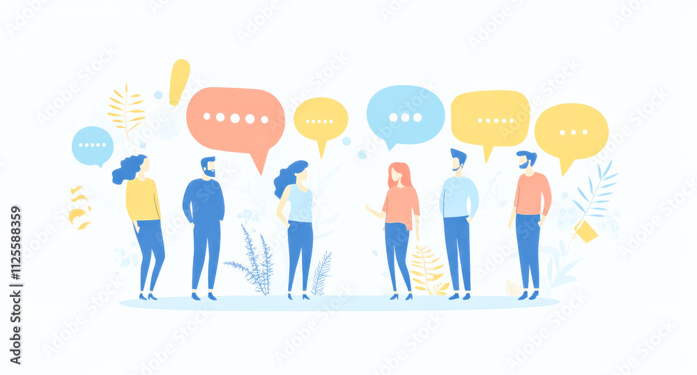 Diverse group of adults engaged in lively communication with colorful speech bubbles Diverse group of adults engaged in lively communication with colorful speech bubbles