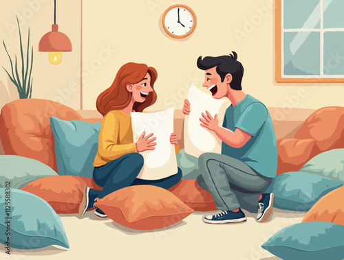 Illustration of two people having a fun pillow fight in a cozy room