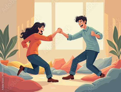 Illustration of two people having a fun pillow fight in a cozy room