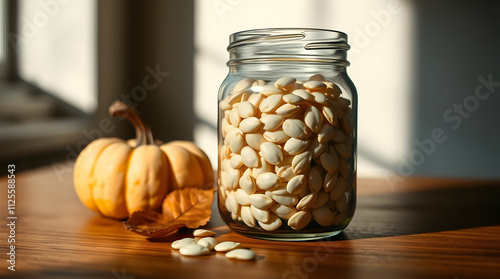 Creamy white pumpkin seeds in a glass jar, with a small pumpkin and a pumpkin leaf arranged nearby. The composition is placed on a clean wooden counter with diffused sunlight for a fresh autumn feel