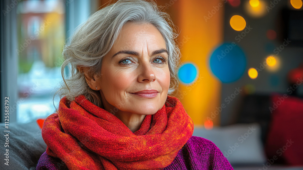 Mature caucasian female with gray hair and warm scarf in cozy indoor setting Mature caucasian female with gray hair and warm scarf in cozy indoor setting