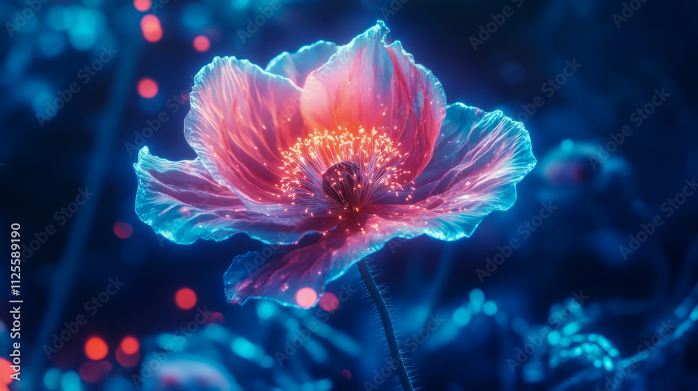 Vibrant bioluminescent flower illuminated in ethereal night glow Vibrant bioluminescent flower illuminated in ethereal night glow