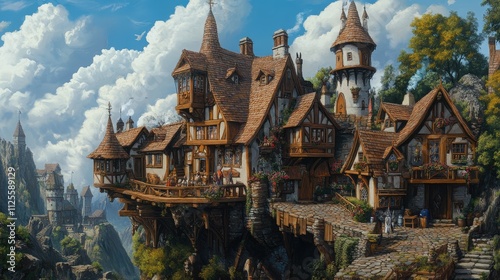 A charming medieval-style mountain village with intricate rustic buildings and lush surroundings. Dramatic mountains and blue sky create a captivating scene. AI generated.