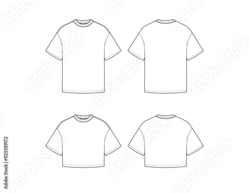 Unisex T-Shirt - Short Sleeve Oversized and Cropped Tee Vector Flat Sketch