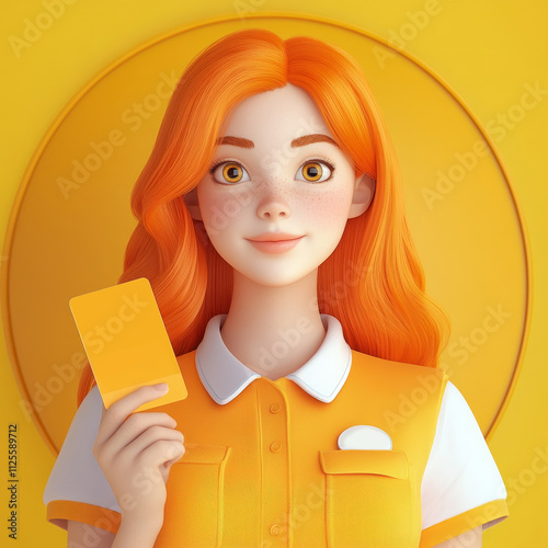 A beautiful cartoon 3d woman with orange hair holding an empty card