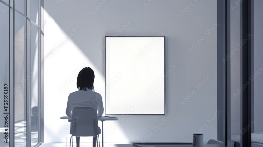 Minimalist office interior with a blank white canvas on the wall, sleek desks equipped with monitors, modern pendant lights, and greenery adding a natural touch to the workspace. Minimalist office interior with a blank white canvas on the wall, sleek desks equipped with monitors, modern pendant lights, and greenery adding a natural touch to the workspace.